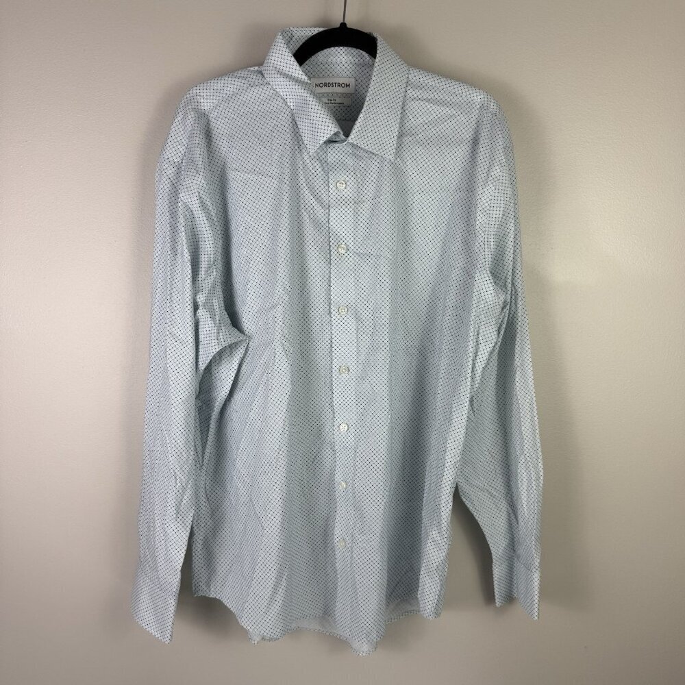Nordstrom Trim Fit Premium Performance Dress Shirt 17.5 34/35 Blue Dot Flaw